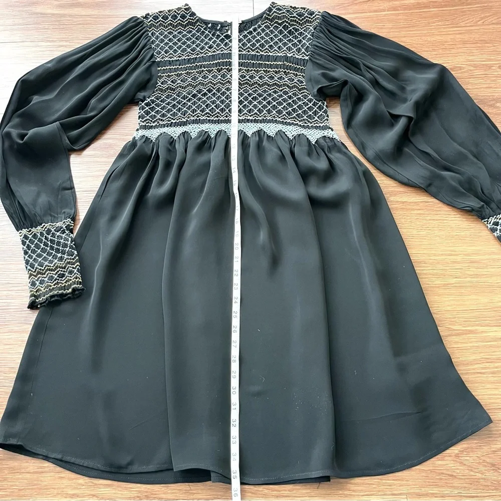 FREE PEOPLE Black Smocked & Embroidered Bohemian Mini Dress. NWOT, Size M - Picture 9 of 10